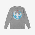 Chicago Rebel Alliance T-shirt features a heather-gray, long-sleeved design with a stylized white bird and red star emblem, embodying anti-fascist and immigrant rights support.