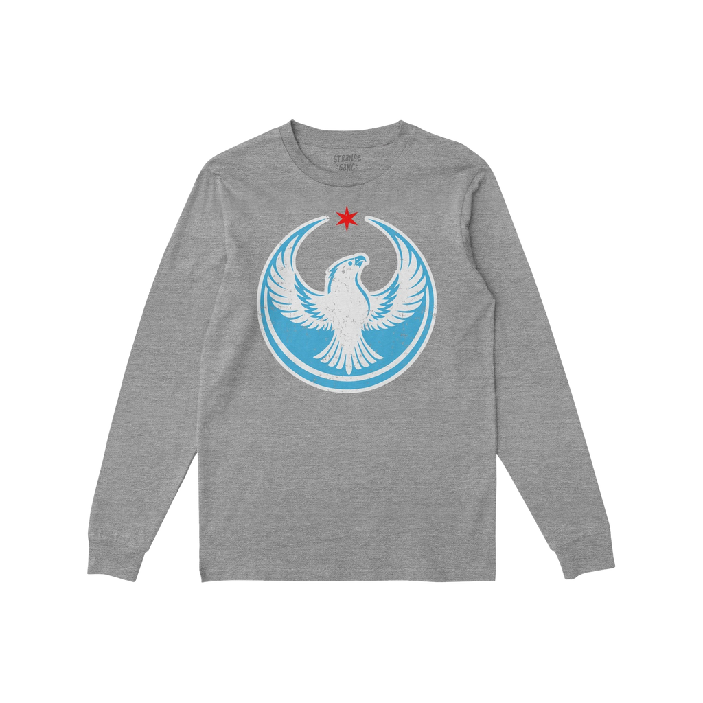 Chicago Rebel Alliance T-shirt features a heather-gray, long-sleeved design with a stylized white bird and red star emblem, e