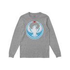 Chicago Rebel Alliance T-shirt features a heather-gray, long-sleeved design with a stylized white bird and red star emblem, e