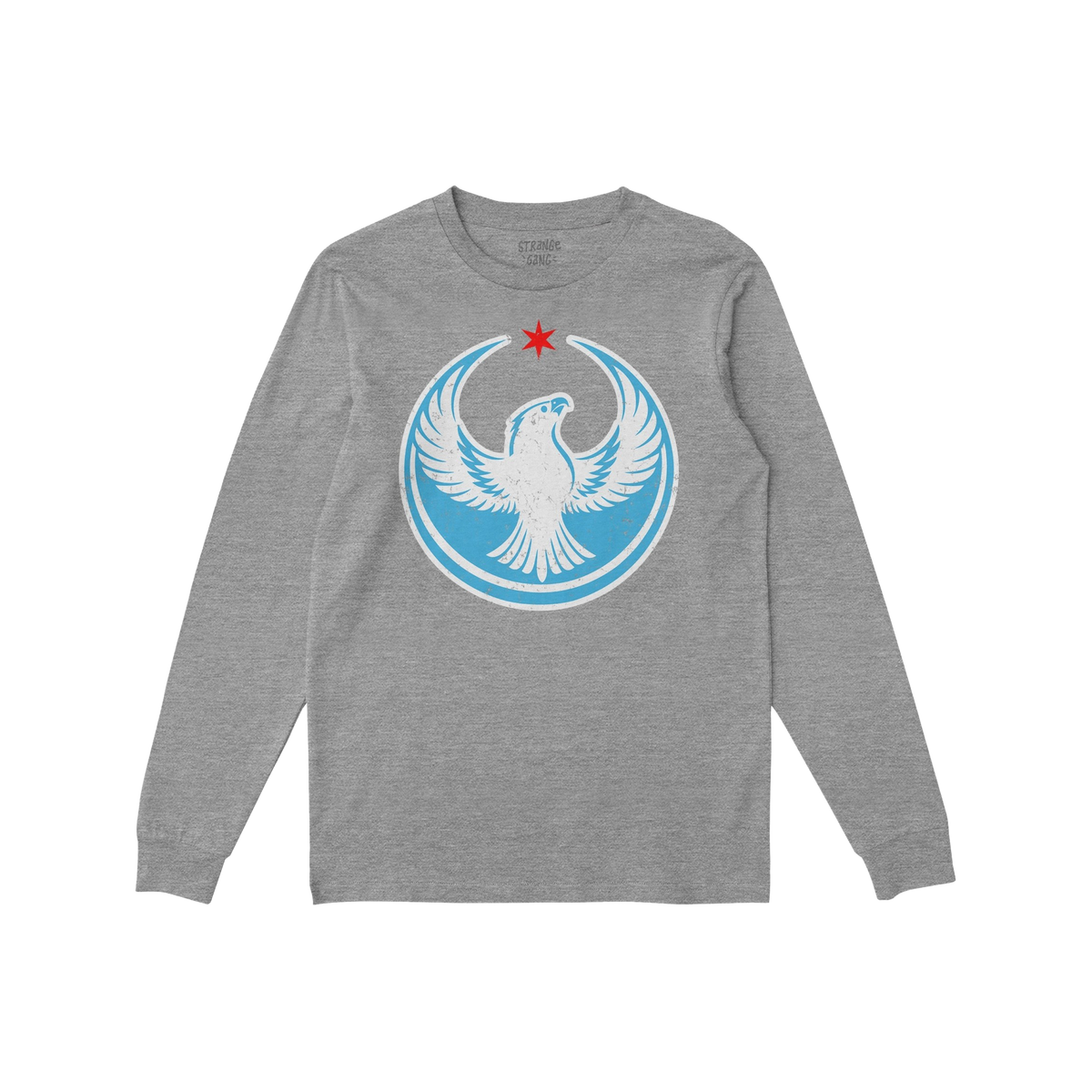Chicago Rebel Alliance T-shirt features a heather-gray, long-sleeved design with a stylized white bird and red star emblem, e