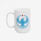 Chicago Rebel Alliance Mug featuring a blue peregrine falcon emblem rising under a red star, symbolizing anti-fascism and immigrant rights support. Ideal for those embracing activism in their daily routine.