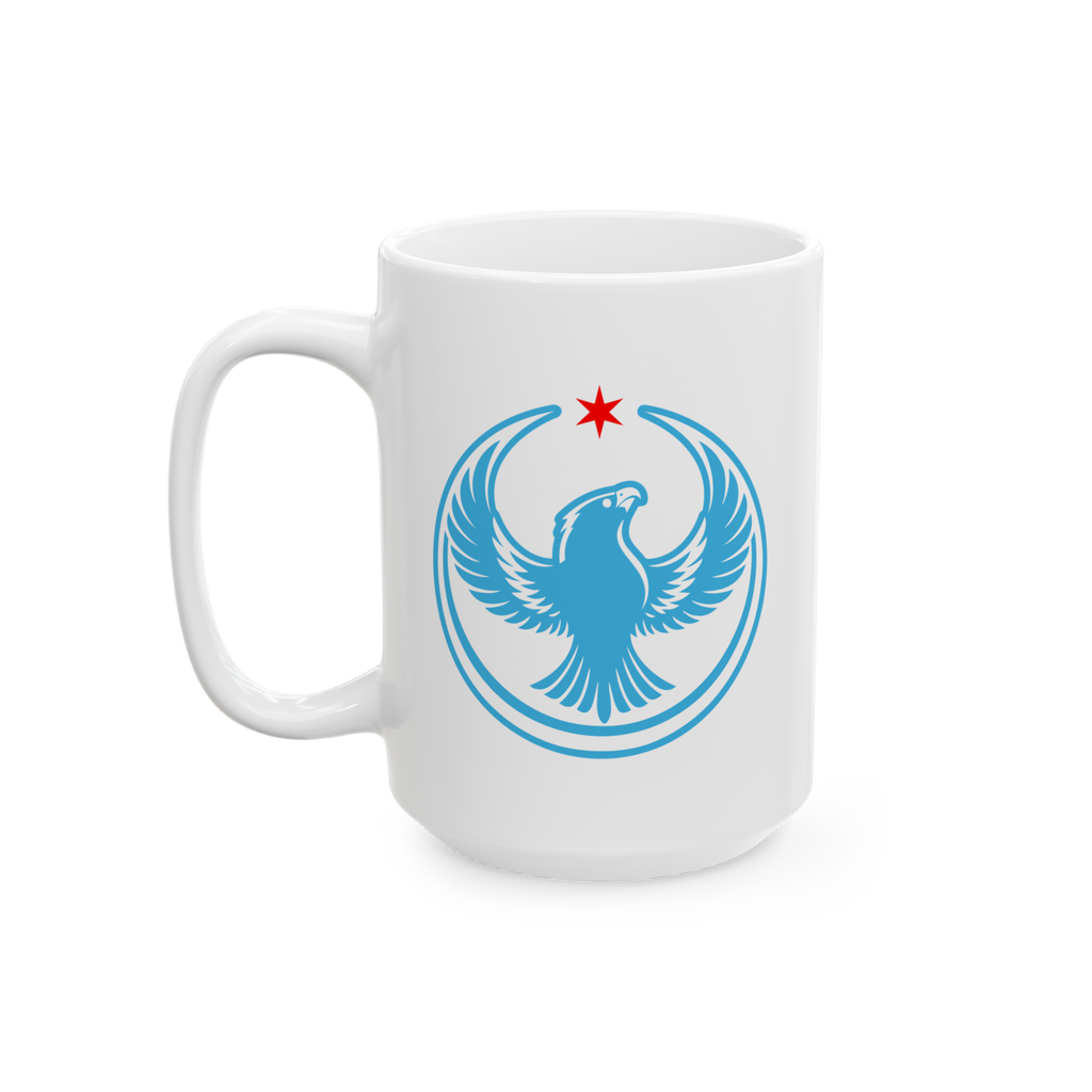 Chicago Rebel Alliance Mug featuring a blue peregrine falcon emblem rising under a red star, symbolizing anti-fascism and imm