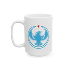 Chicago Rebel Alliance Mug featuring a blue peregrine falcon emblem rising under a red star, symbolizing anti-fascism and imm