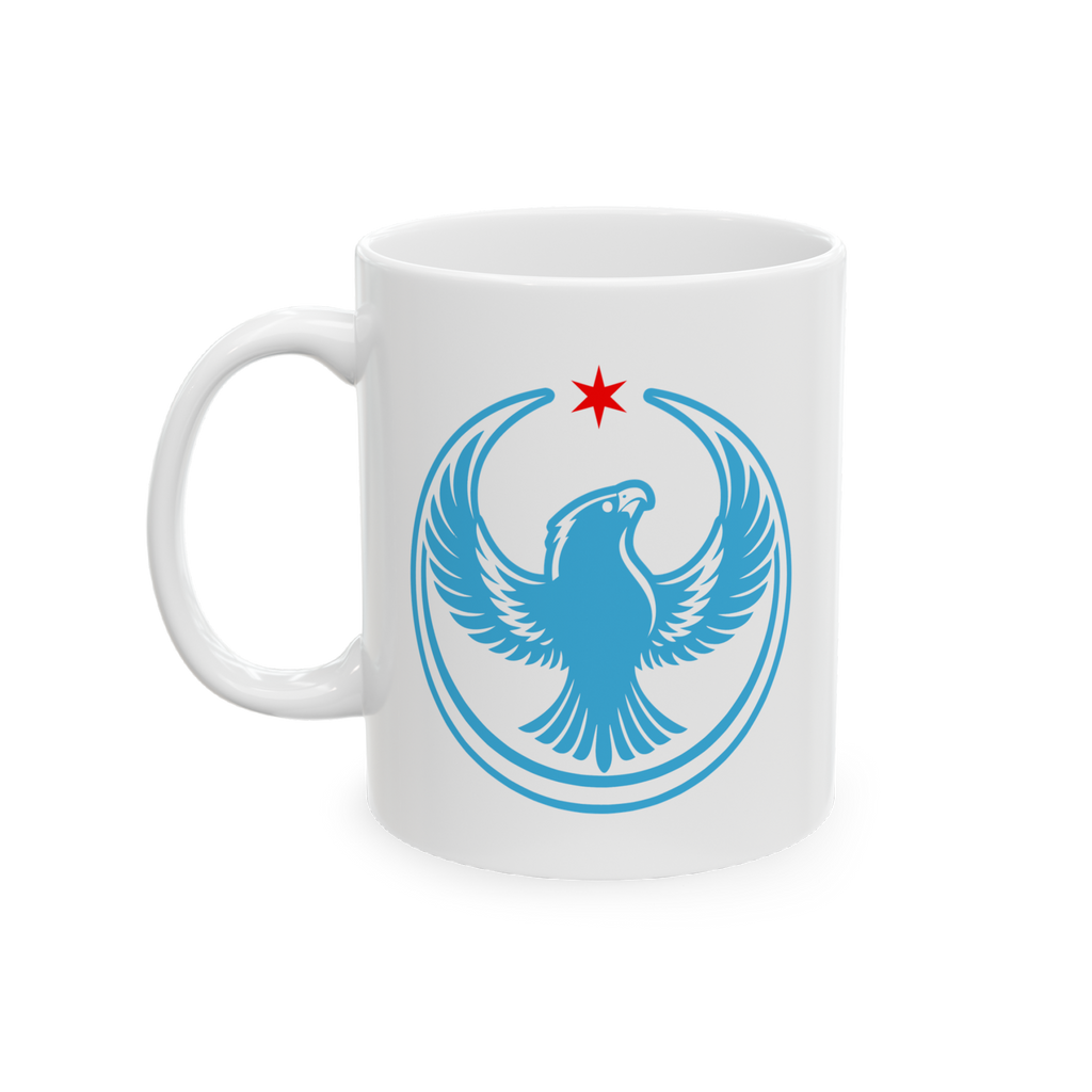 Chicago Rebel Alliance Mug featuring a blue falcon with outstretched wings, topped by a red star, symbolizing anti-fascist pr