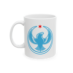 Chicago Rebel Alliance Mug featuring a blue falcon with outstretched wings, topped by a red star, symbolizing anti-fascist pr