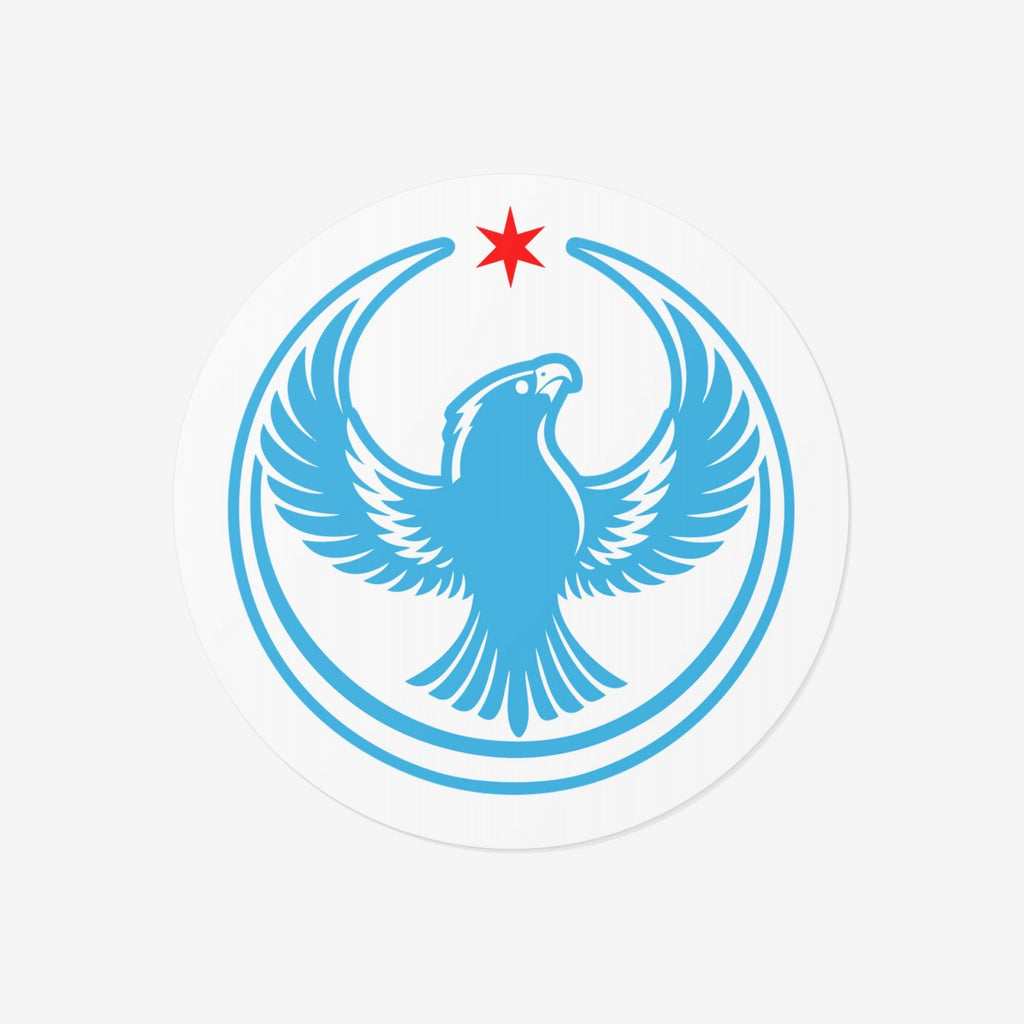 Chicago Rebel Alliance Sticker featuring a blue peregrine falcon with outstretched wings, encircled by blue arcs, beneath a red star. Represents anti-fascist protest art supporting immigrant rights and Chicago neighborhoods.