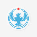 Chicago Rebel Alliance Sticker featuring a blue peregrine falcon with outstretched wings, encircled by blue arcs, beneath a red star. Represents anti-fascist protest art supporting immigrant rights and Chicago neighborhoods.