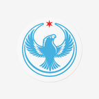 Chicago Rebel Alliance Sticker featuring a blue peregrine falcon with outstretched wings, encircled by blue arcs, beneath a red star. Represents anti-fascist protest art supporting immigrant rights and Chicago neighborhoods.