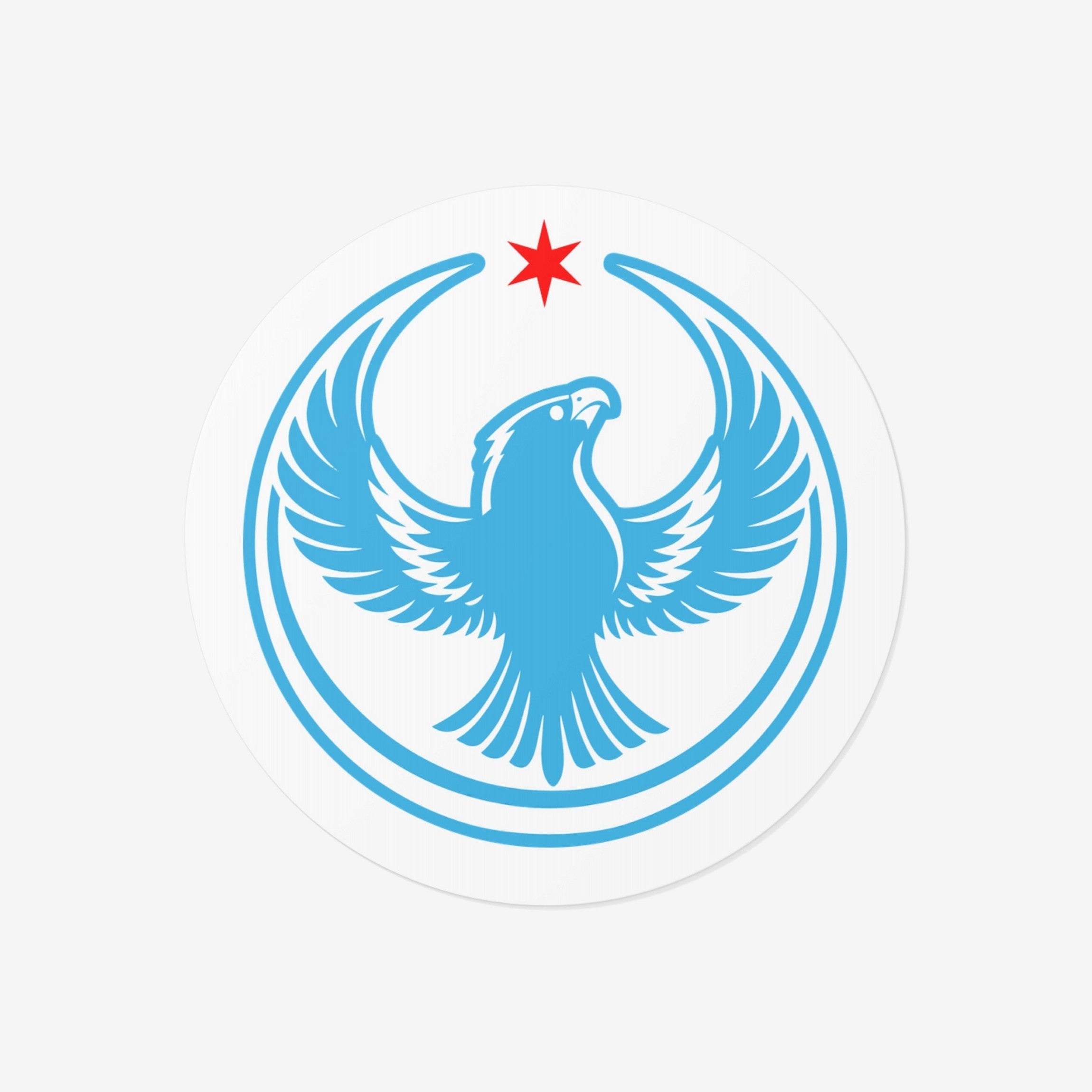 Chicago Rebel Alliance Sticker featuring a blue peregrine falcon with outstretched wings, encircled by blue arcs, beneath a red star. Represents anti-fascist protest art supporting immigrant rights and Chicago neighborhoods.