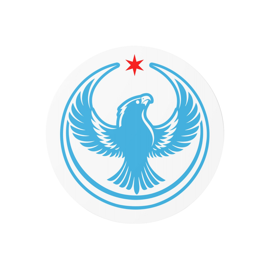 Chicago Rebel Alliance Sticker featuring a blue peregrine falcon with outstretched wings, encircled by blue arcs, beneath a r