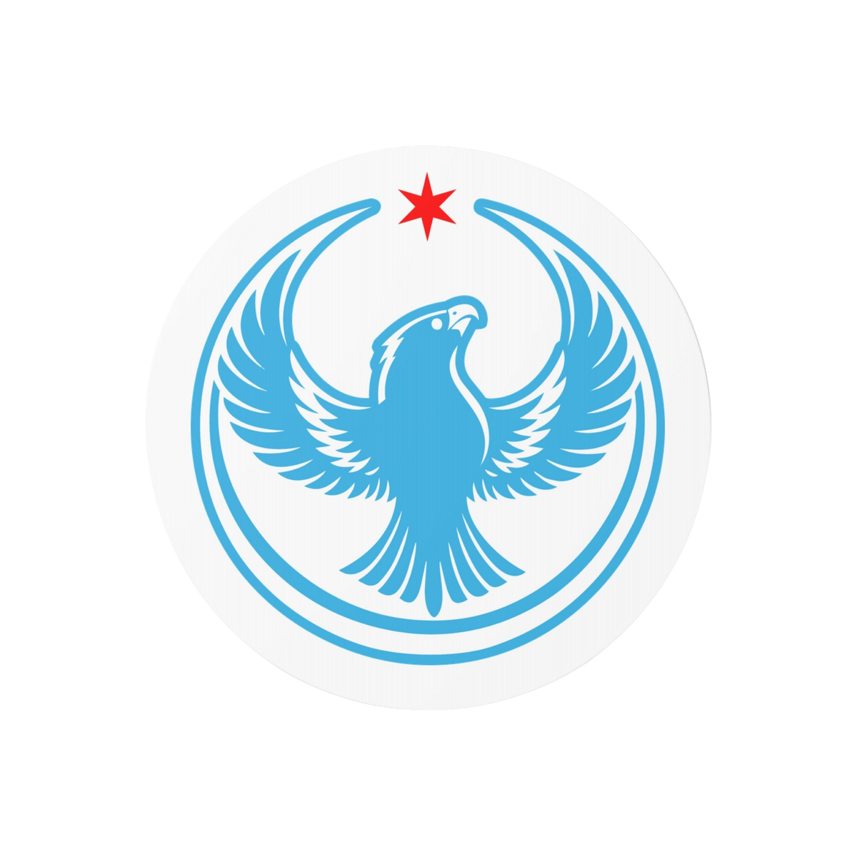 Chicago Rebel Alliance Sticker featuring a blue peregrine falcon with outstretched wings, encircled by blue arcs, beneath a r