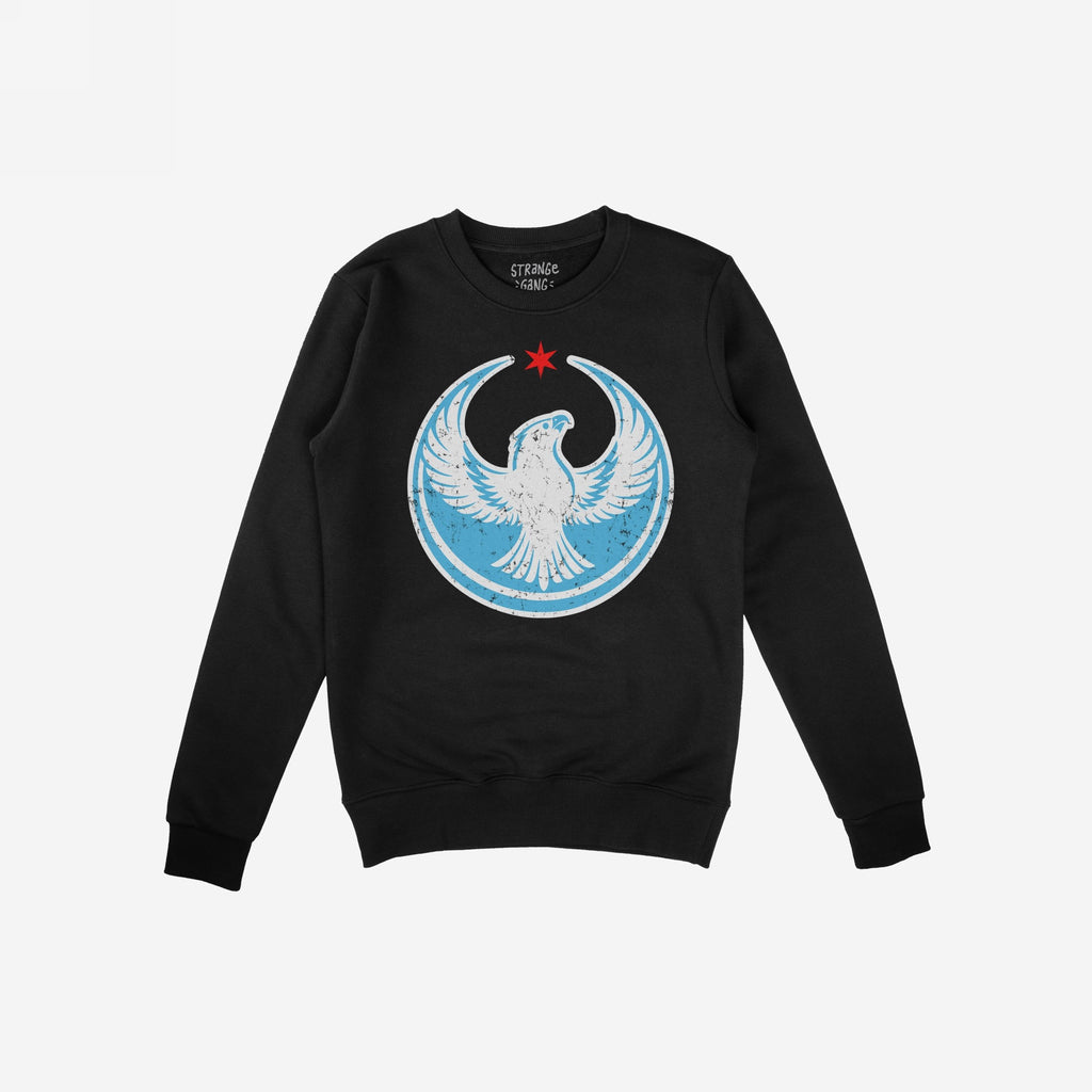 Chicago Rebel Alliance Hoodie & Sweatshirt showcases a black crewneck with a graphic of a white eagle and red star, symbolizing protest and unity, perfect for supporting causes and making a statement.