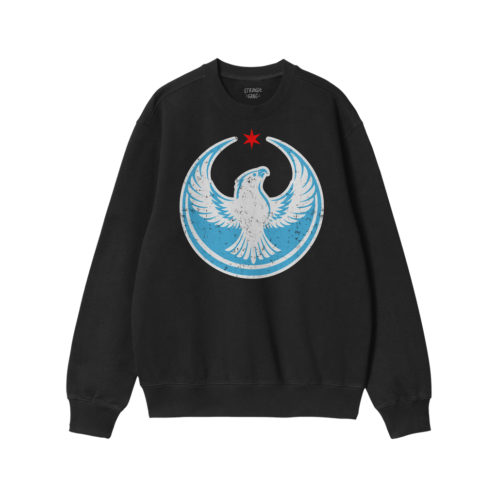 Chicago Rebel Alliance Hoodie & Sweatshirt showcases a black crewneck with a graphic of a white eagle and red star, symbolizi