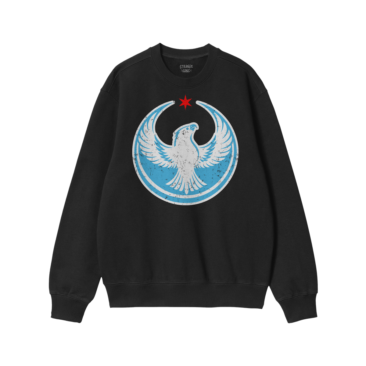 Chicago Rebel Alliance Hoodie & Sweatshirt showcases a black crewneck with a graphic of a white eagle and red star, symbolizi