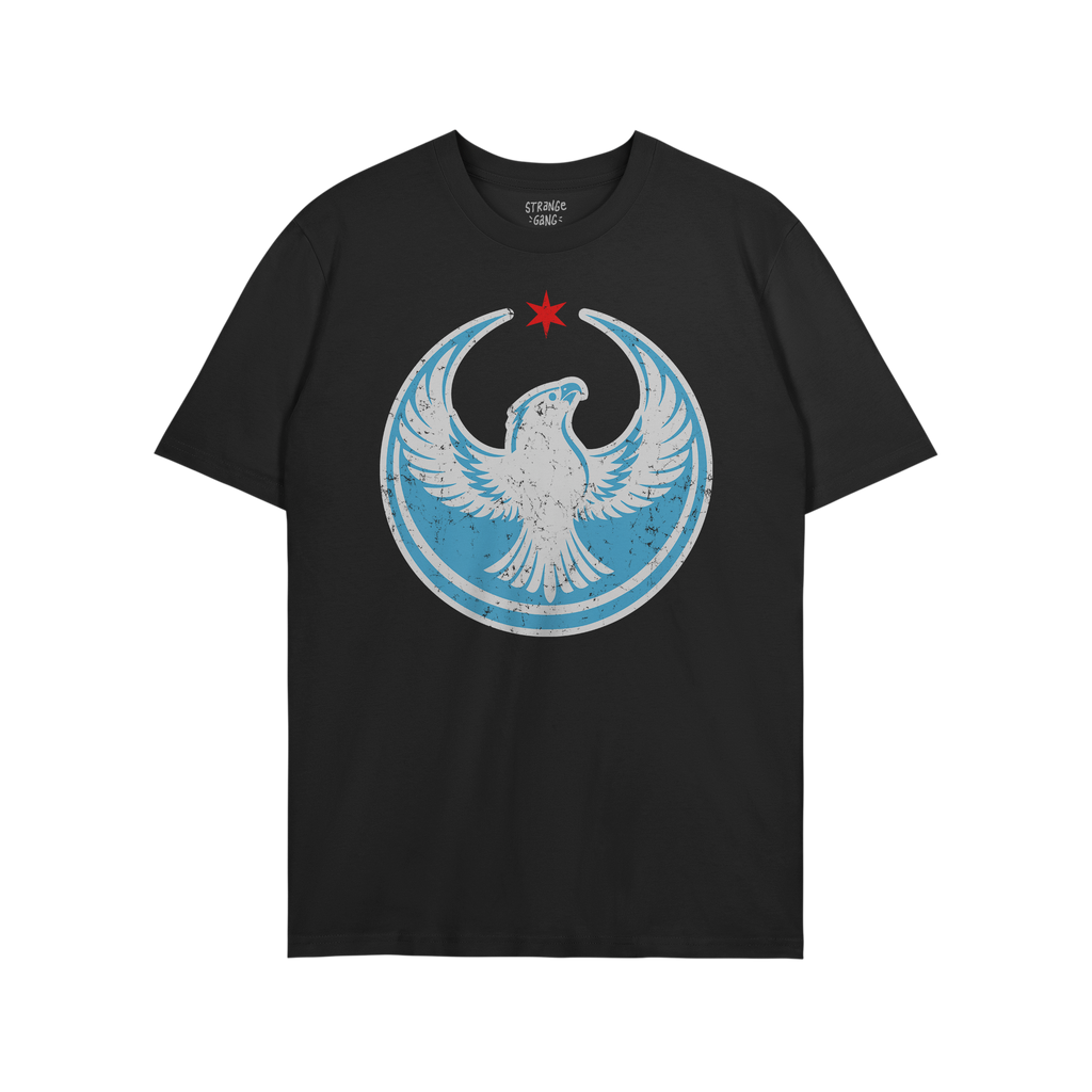 Chicago Rebel Alliance T-shirt features a bold white eagle emblem and red star on the chest, symbolizing resistance and commu