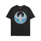 Chicago Rebel Alliance T-shirt features a bold white eagle emblem and red star on the chest, symbolizing resistance and commu