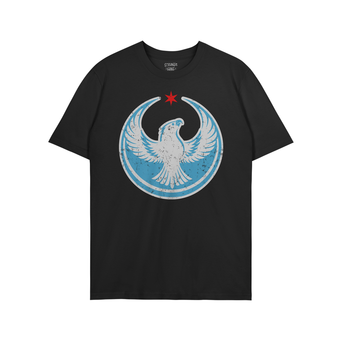 Chicago Rebel Alliance T-shirt features a bold white eagle emblem and red star on the chest, symbolizing resistance and commu