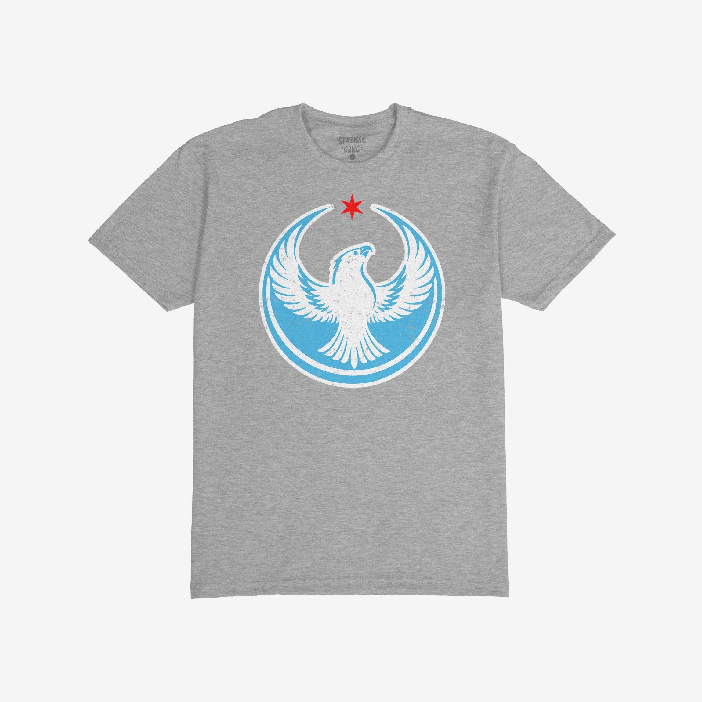 Chicago Rebel Alliance T-shirt features a heather-gray crewneck with a white and light blue falcon emblem and red star, symbolizing activism and community support. Ideal for marches and daily wear.