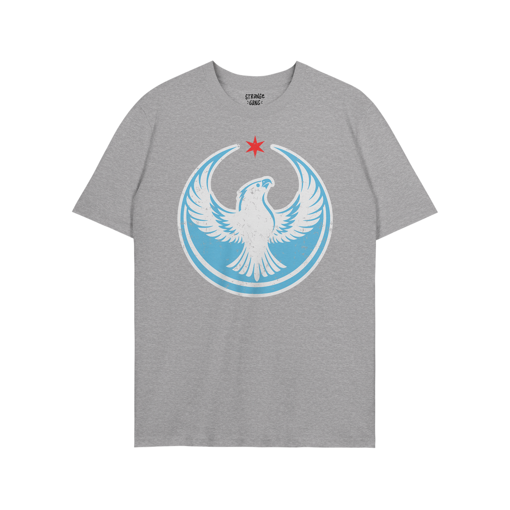 Chicago Rebel Alliance T-shirt features a heather-gray crewneck with a white and light blue falcon emblem and red star, symbo
