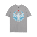 Chicago Rebel Alliance T-shirt features a heather-gray crewneck with a white and light blue falcon emblem and red star, symbo