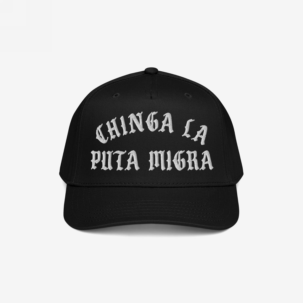 The Chinga La Migra Hat features bold, white Old English embroidery stating “CHINGA LA PUTA MIGRA,” symbolizing a strong stance against immigration authorities and supporting immigrant rights.