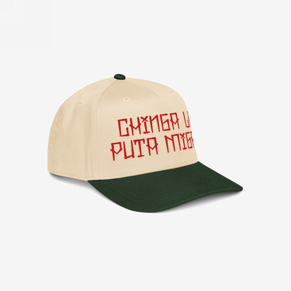 Chinga La Migra Hat featuring bold, red runic-style embroidery on a beige and forest green cap, embodying a strong stance against immigration enforcement and advocating for equality and resistance.