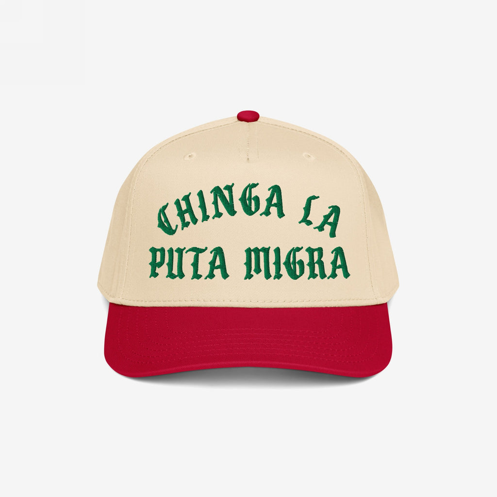 Chinga La Migra Hat features a tan crown and red bill with bold green embroidered text. Ideal for anti-fascist protests, it embodies defiance against CBP/ICE, aligning with equality and immigrant rights.