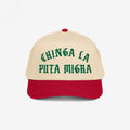 Chinga La Migra Hat features a tan crown and red bill with bold green embroidered text. Ideal for anti-fascist protests, it embodies defiance against CBP/ICE, aligning with equality and immigrant rights.
