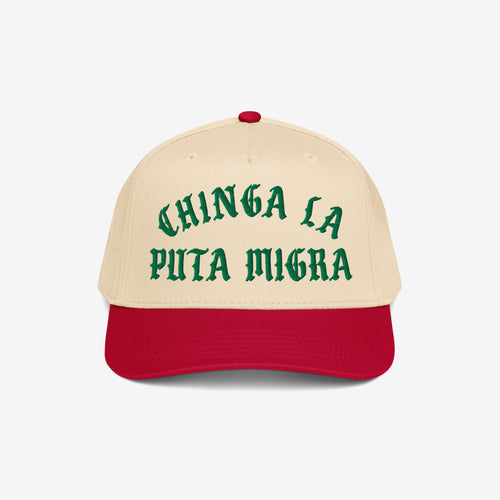 Chinga La Migra Hat features a tan crown and red bill with bold green embroidered text. Ideal for anti-fascist protests, it embodies defiance against CBP/ICE, aligning with equality and immigrant rights.
