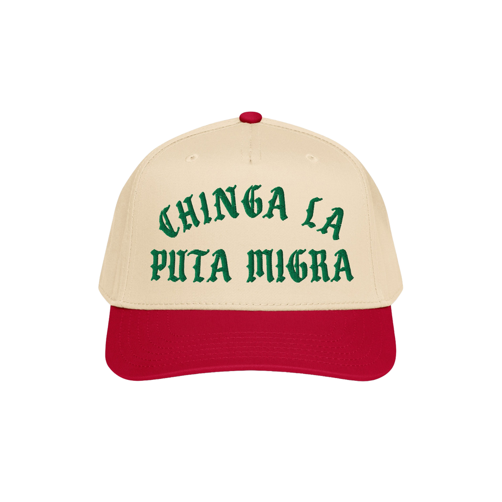 Chinga La Migra Hat features a tan crown and red bill with bold green embroidered text. Ideal for anti-fascist protests, it e