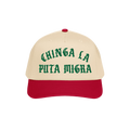 Chinga La Migra Hat features a tan crown and red bill with bold green embroidered text. Ideal for anti-fascist protests, it e
