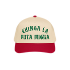 Chinga La Migra Hat features a tan crown and red bill with bold green embroidered text. Ideal for anti-fascist protests, it e