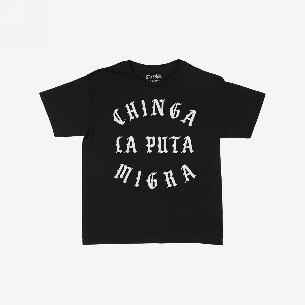 Chinga La Migra Women's Baby Tee, featuring bold white Old English lettering stating “CHINGA LA PUTA MIGRA,” embodies a rebellious spirit. Ideal for advocates of immigrant rights and anti-fascism, offering a retro, activist-inspired style.