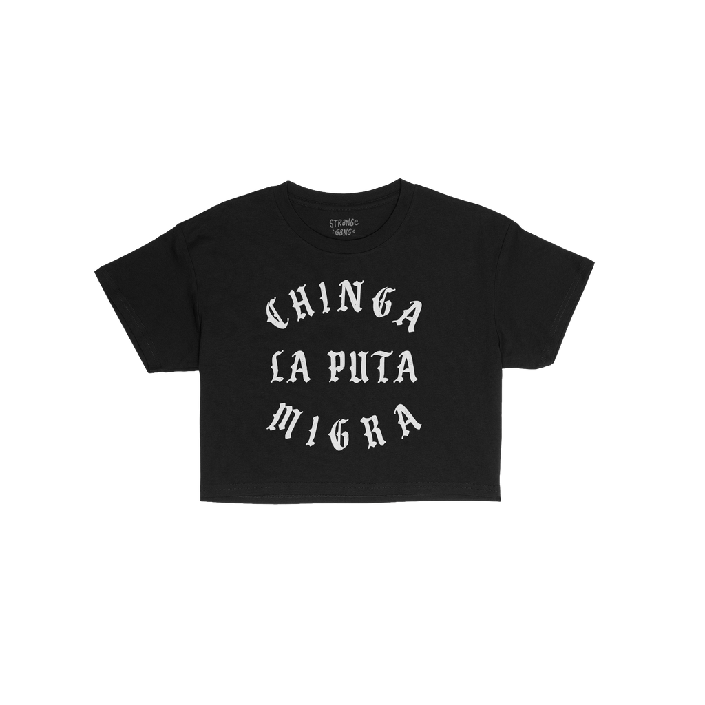 Chinga La Migra Women's Baby Tee, featuring bold white Old English lettering stating “CHINGA LA PUTA MIGRA,” embodies a r