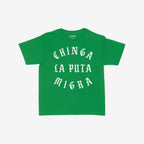 Chinga La Migra Women's Baby Tee features bold white distressed lettering CHINGA LA PUTA MIGRA on a green shirt, embodying a rebellious, anti-fascist spirit for those advocating immigrant rights.