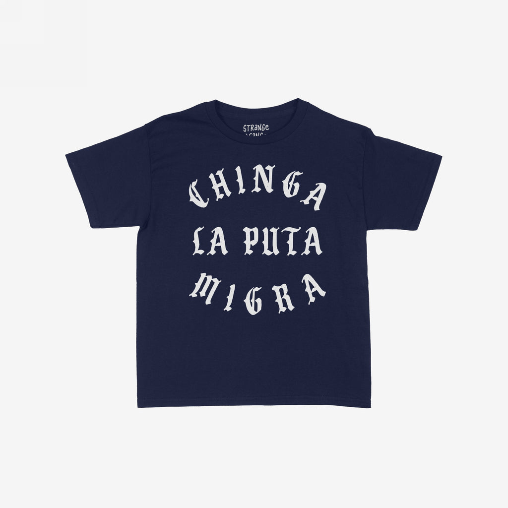 Chinga La Migra Women's Baby Tee in navy blue, featuring bold white Old English–style arc lettering with a rebellious message, embodying the spirit of activism and standing against immigration authorities.