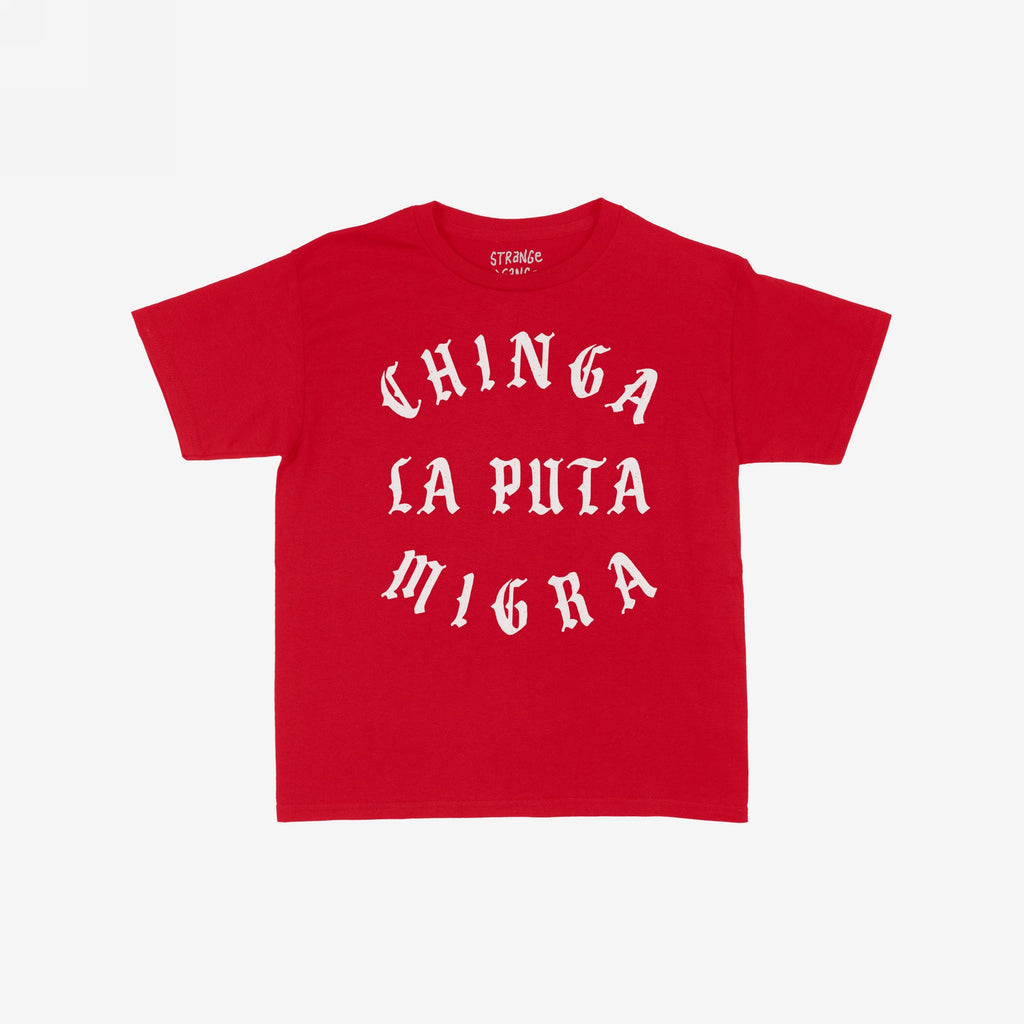 Chinga La Migra Women's Baby Tee featuring bold white, Old English-style distressed lettering reading CHINGA LA PUTA MIGRA, embodying a statement against CBP/ICE, ideal for advocates of immigrant rights and anti-fascism.