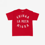 Chinga La Migra Women's Baby Tee featuring bold white, Old English-style distressed lettering reading CHINGA LA PUTA MIGRA, embodying a statement against CBP/ICE, ideal for advocates of immigrant rights and anti-fascism.