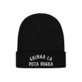 Chinga La Migra Hat: A black rib-knit beanie with gothic white embroidery stating “CHINGA LA PUTA MIGRA,” symbolizing ant
