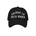 Chinga La Migra Hat features bold, white vintage-style embroidered text on a black baseball cap, designed for anti-fascist pr