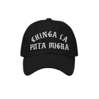 Chinga La Migra Hat features bold, white vintage-style embroidered text on a black baseball cap, designed for anti-fascist pr
