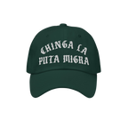 Dark green Chinga La Migra Hat with white CHINGA LA PUTA MIGRA text, a bold statement against CBP/ICE, perfect for anti-fasci