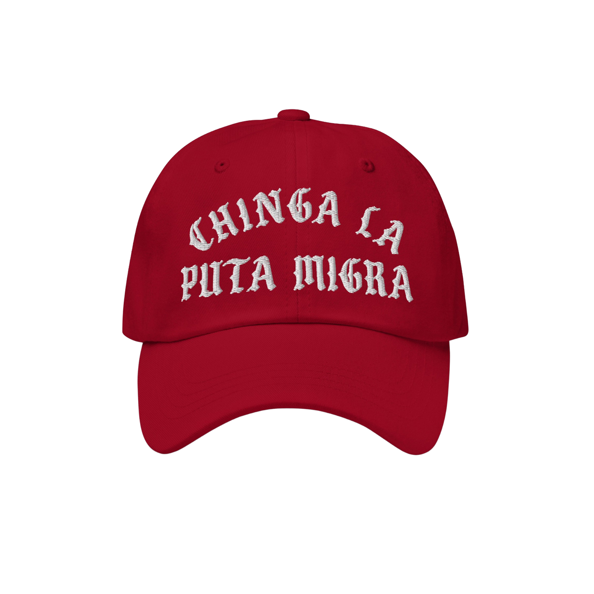 Chinga La Migra Hat features bold white embroidery on a red baseball cap, conveying an anti-fascist protest message. Perfect 
