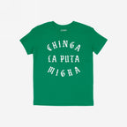 The Chinga La Migra T-shirt features a bold protest slogan in white across its front, advocating for immigrant rights and anti-fascism, making a powerful statement with its vintage blackletter type.