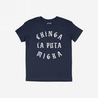 Navy-blue Chinga La Migra T-shirt featuring bold, white Old English text advocating immigrant rights. Ideal for anti-fascist supporters and activists. Available in multiple colors and fits.