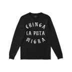 Black long-sleeve Chinga La Migra T-shirt with white Gothic lettering, embodying an anti-fascist message. The stylish design 