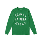 Chinga La Migra T-shirt features bold white Gothic lettering stating “CHINGA LA PUTA MIGRA” on a green long-sleeve, embod
