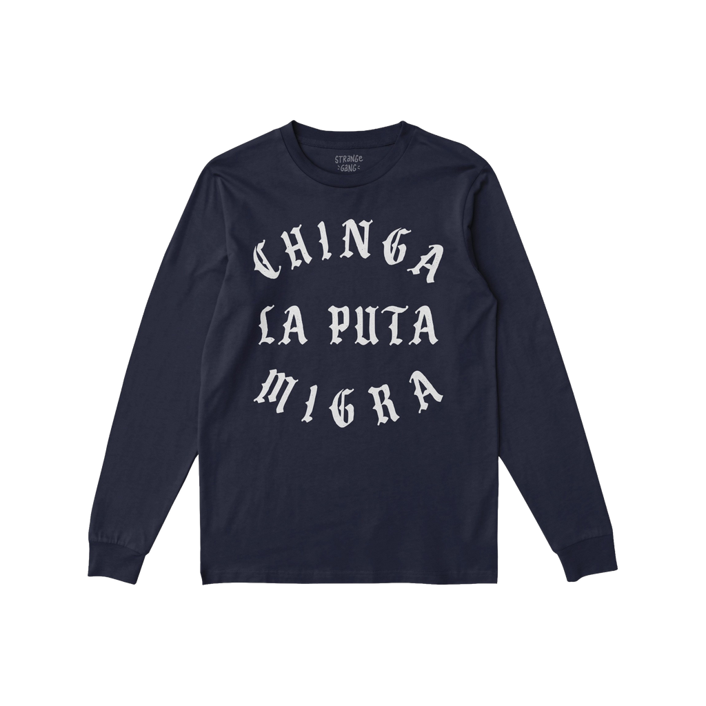 Navy blue Chinga La Migra T-shirt with bold white Old English lettering, expressing anti-fascist sentiment. Perfect for activ