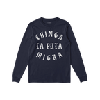 Navy blue Chinga La Migra T-shirt with bold white Old English lettering, expressing anti-fascist sentiment. Perfect for activ
