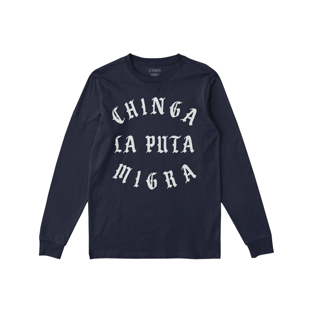Navy blue Chinga La Migra T-shirt with bold white Old English lettering, expressing anti-fascist sentiment. Perfect for activ